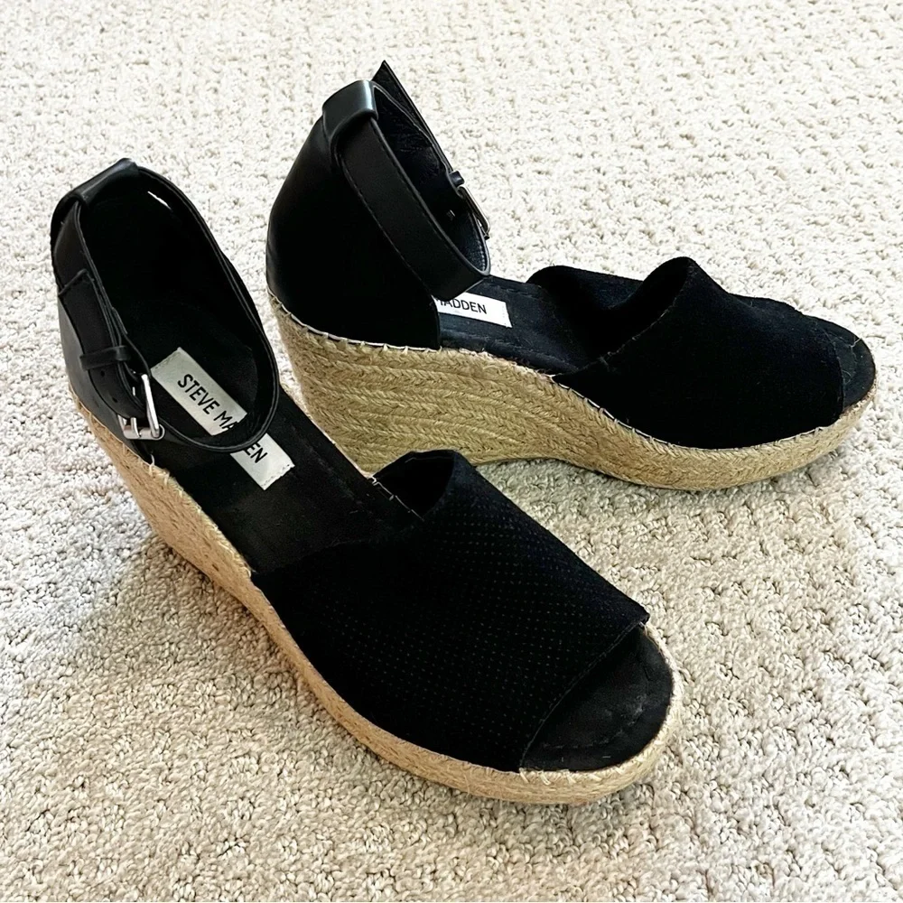 Steve Madden Josey Black Wedges Women Size 9.5 Espadrille Sandals Ankle Strap